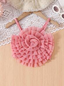 SHEIN Young Girl Elegant 3D Floral Mesh Panel Camisole + Ombre Mesh A-Line Skirt, 2 Pieces Set - Apricot - View 5