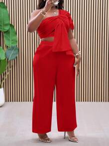 Slaydiva 2pcs Plus Size Set White Solid Color Off Shoulder Top And Long Pants, Casual & Stylish For Everyday Wear - Red - View 7