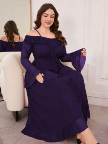 Modelyn Vestido elegante cómodo para mujer de talla grande con hombros descubiertos, mangas abullonadas y dobladillo con volantes de tela de red - Morado - Ver 5