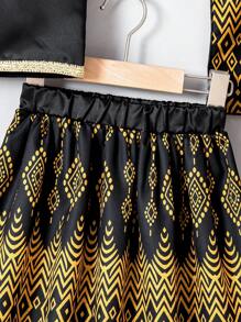 3pcs Toddler Girls' Fancy Spring/Summer Satin Navy Blue Round Neck Sleeveless Top, Geometric & Metallic Print Skirt, And Shawl, Suitable For Party, Wedding, Banquet, Vacation In Summer - Black - View 7