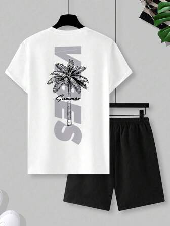 Manfinity Chillmode Men's Palm Tree Print Round Neck Short Sleeve Casual T-Shirt And Drawstring Waist Shorts Set Boyfriend Gift, For Going Out, Vacation, Cozy Outfits