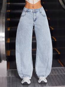 SHEIN ICON Women's Denim Flare Leg Pants, Minimalist And Stylish Suitable For Summer - Light Wash - View 1