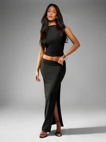 MISSGUIDED 现代修身侧开衩长款直筒裙，完美适用于晚宴、派对、正式商务、职业装等场合，秋冬系列。 - 黑色 - 查看 2