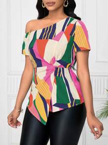 SHEIN Unity Camisa de mujer con estampado geométrico de rayas y cuello asimétrico de manga corta - Multicolor - Ver 3