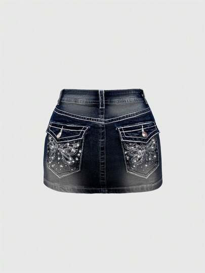 ROMWE J-Fashion Y2K 复古低腰复古蝴蝶刺绣可调节撞色线条女式牛仔迷你裙