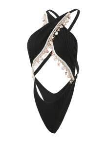 Swim SXY Women's Summer Vacation Sexy Beach Solid Color Textured Cross Front Hollow Back Shell Decor One-Piece Swimsuit - Black - View 7