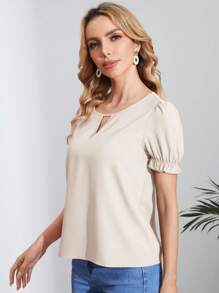 SHEIN Clasi Women's Solid Color Keyhole Neck Short Puff Sleeve Casual Blouse - Apricot - View 5