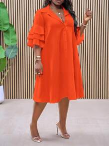 Slaydiva 2025 New Versatile White Resort Design Casual Short Sleeve Top With Layered Ruffle Sleeves And Asymmetrical Hem Midi Dress, Suitable For Spring/Summer Daily Wear And Commuting - Orange - View 9
