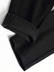 Manfinity Hypemode 男士純黑復古丹寧工裝褲，有扣子裝飾，適用於派對場合 - 黑色 - 查看 5