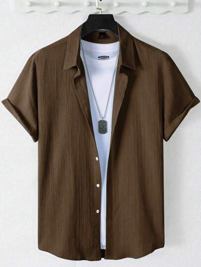 Manfinity Homme 男士纯色单排扣休闲办公室短袖衬衫男装男士衬衫