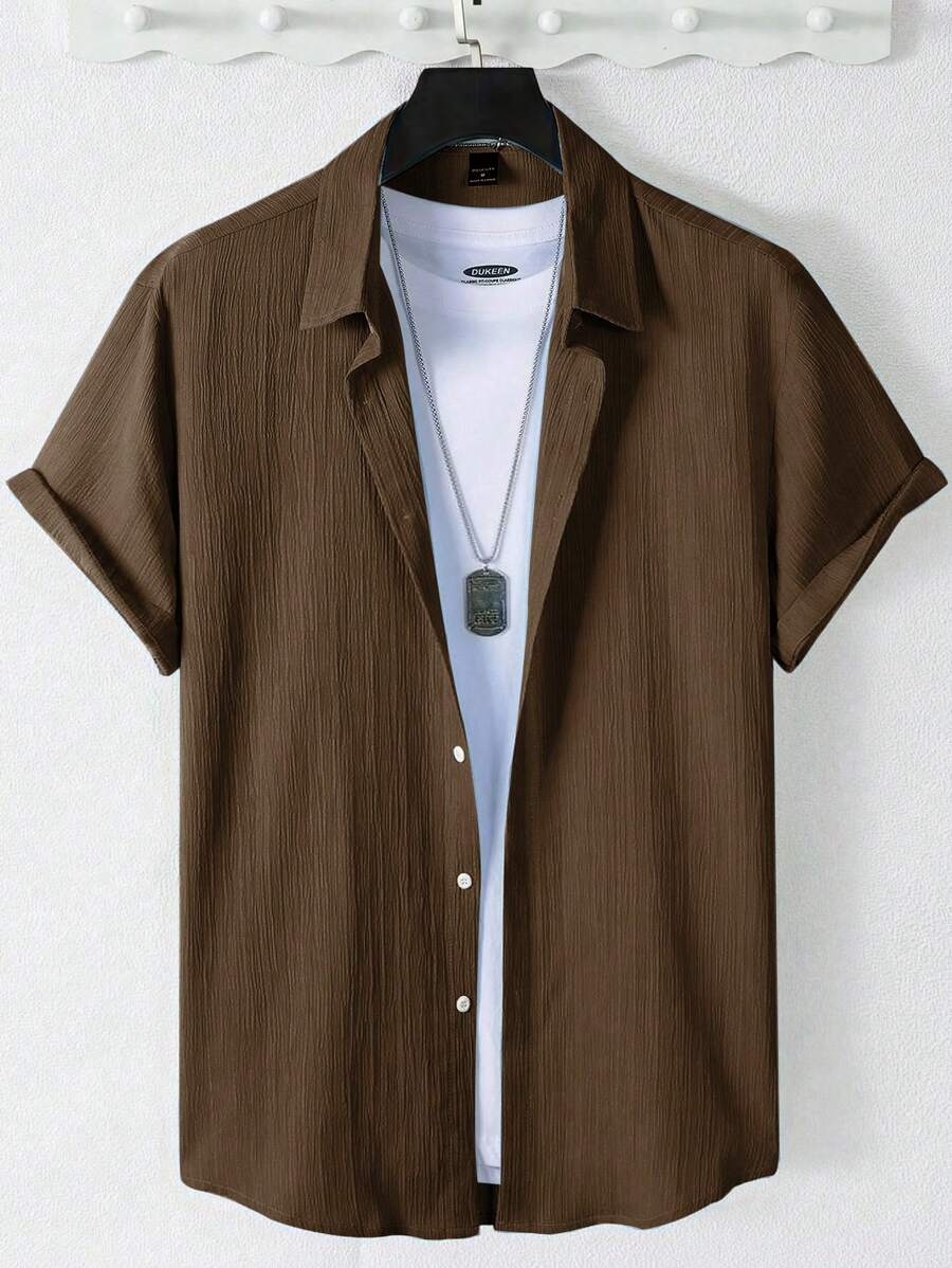 Manfinity Homme 男士纯色单排扣休闲办公室短袖衬衫男装男士衬衫 - 咖啡棕 - 查看 1