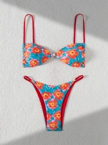 Swim Mod 2 件套花卉印花金属配饰吊带比基尼和泳裤性感女士度假泳装套装 - 彩色 - 查看 5