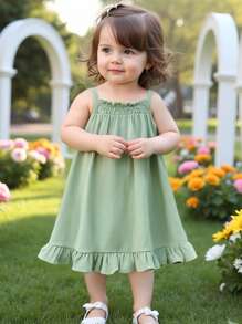 SHEIN Vintaside Kids Baby Girl Cute Casual Minimalist Fresh Rural Style Loose Comfortable Soft Ruffled Hem Design Relaxed Fit Spaghetti Strap Green Dress, Suitable For Spring/Summer Home Or Vacation, High Cost-Effective - Green - View 8