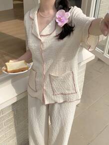 SHEIN 2 件装少女简约蝴蝶结领纽扣贴袋短袖上衣和阔腿针织提花睡衣套装 - 黃色 - 查看 2