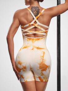 Menodora SHEIN Sport Menodora SHEIN Sport Macaquinho Tie Dye Mulheres com Cruzamento das Costas para Atividades Diárias, Fitness e Esportes - Laranja - Visão 8