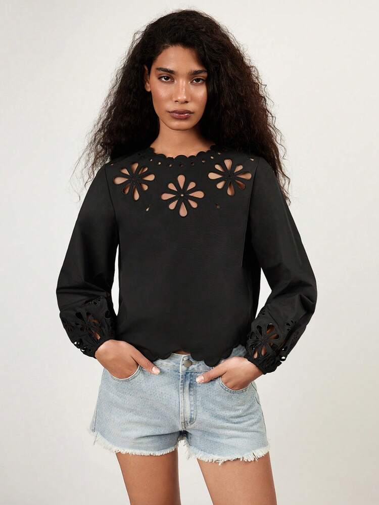 SHEIN Maija Women's Black Summer Clothing With Ruffle Collar, Floral Textured Cutout Pattern, Lantern Sleeves, Bohemian Beach Holiday Style, Solid Color Long Sleeve Casual Loose Fit Hawaiian Top, Summer
