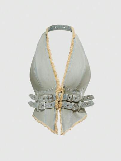 Hippie Women's Frayed Hem Adjustable Button Neck Denim Crop Top