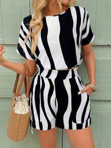 SHEIN LUNE 2pcs Women Casual Suit: Abstract Geometric Line Pattern Cinched Waist Short Top & Shorts, Fashionable For Commuting, Holiday