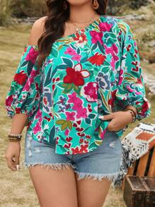 SHEIN LUNE Blusa asimétrica de manga farol con estampado floral vívido, talla grande, para uso casual, concierto country, graduación, brunch de verano, Día de la Madre, iglesia - Multicolor - Ver 5