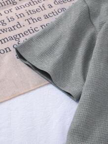 SHEIN LMoss Kids Bộ 2 chiếc/bộ áo thun cổ tròn rộng rãi màu trơn đan cho bé gái và quần short đan bó - Màu xám đen - Xem 5