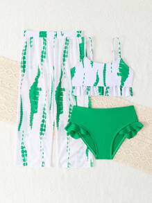 Young Girl 3-Piece Swimwear Set, Printed Random Pattern - Green - View 5