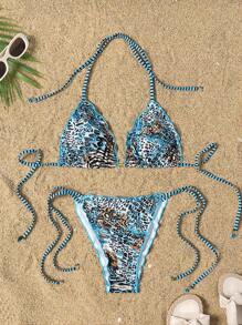 SHEIN Swim Leoprint Bikini-Set mit Neckholder und seitlicher Bindung, für Sommerurlaub am Strand