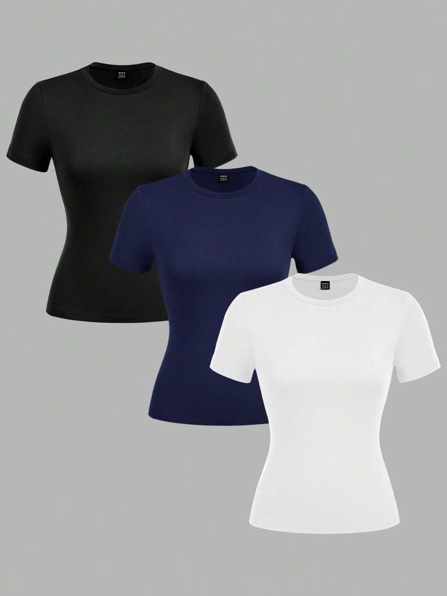 SHEIN EZwear 3 件套女士黑白蓝色圆领休闲紧身长袖 T 恤套装，适合夏季 - 彩色 - 查看 1