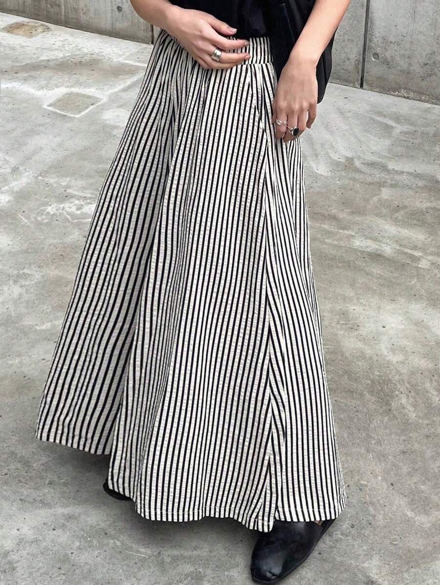 FRIFUL سراويل نسائية ذات خصر عالٍ وساق واسعة مخططة، ملابس صيفية كاجوال للمكتب - أبيض وأسود - مشاهدة 1