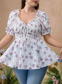 Flirla Plus Size Vacation Style Square Collar Ditsy Floral A-Line Blouse - Multicolor - View 1