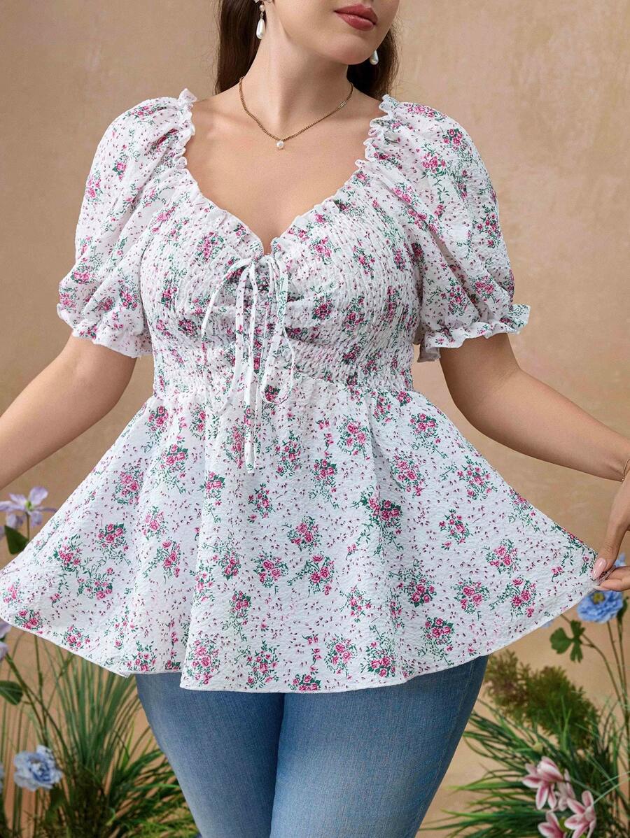 Flirla Plus Size Vacation Style Square Collar Ditsy Floral A-Line Blouse - Multicolor - View 1