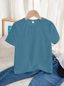 SHEIN Boys Casual Round Neck Short Sleeve T-Shirt, Suitable For Summer - Dusty Blue - View 4