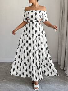 Celure 大码露肩纯色图腾印花连衣裙 - 黑與白 - 查看 6