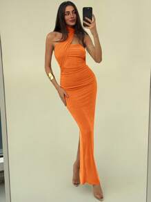 Aloruh Elegant One Shoulder Ruffle Design Slimming Pleated Sparkly Long Straight Evening Dress,Summer Dresses For Women - Orange - View 6