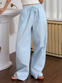 DAZY 可爱蝴蝶结图案全身印花宽松睡裤，秋季 - 淺藍色 - 查看 6