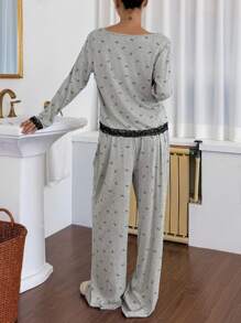 DAZY 3pcs/Set Spring Bow Allover Print Color Block Lace Patchwork Camisole Top & Pants Pajama Sleepwear Set - Grey - View 2