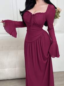 Modelyn Vestido feminino cor sólida bordô decote coração manga flare, elegante - Violeta vermelha - Ver 4