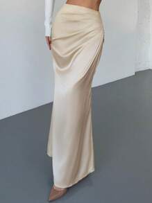 Firerie 优雅浪漫纯色缎面长裙，简约设计，适合约会、工作、百搭、春夏演唱会狂欢女性、毕业典礼、女性教师、返校 - 杏色 - 查看 4