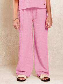 SUMWON 褶饰蝴蝶结上衣和阔腿裤套装夏季派对装两件套套装优雅松紧腰海滩度假装 - 粉色 - 查看 4