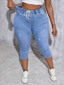 SHEIN EZwear 大码破洞紧身弹力七分牛仔裤，蓝色，夏季女士/夏季/可爱，复活节/复活节女士，狂欢/音乐会女士/乡村音乐会/狂欢/狂欢节/纳什维尔/伊比沙岛，优雅，度假女士/海滩度假，波西米亚风/波西米亚风女式；牛仔/牛仔牛仔裤 - 藍色 - 查看 3