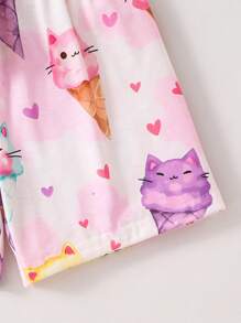 两件套女童彩色独角兽印花开襟短袖短裤舒适睡衣套装，女童两件套，女童短袖上衣和短裤睡衣，儿童睡衣 - 彩色 - 查看 7