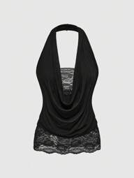Goth Y2K Retro Sexy Contrast Lace Draped Neck Backless Tank Top