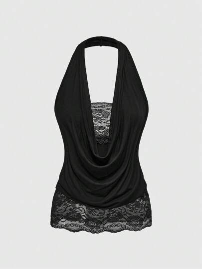 Goth Y2K Retro Sexy Contrast Lace Draped Neck Backless Tank Top