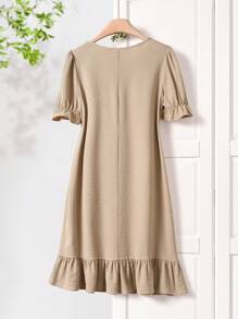 Rusticease Vestido casual de vacaciones de mujer de unicolor con mangas abultadas y bajo con volantes de longitud media