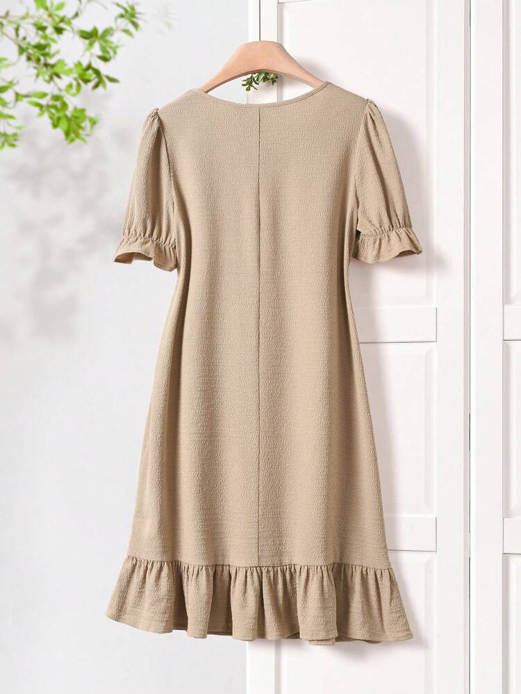 Vestido de Verão Casual Feminino de Cor Sólida com Manga Bufante e Bainha com Babados de Comprimento Médio