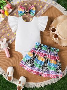 3pcs Baby Girls White Summer Easter Outfit Set: Cute Bunny Print Romper,Ruffled Skirt,Headband,Fashionable Birthday Party Outings Holiday Travel Relax - Multicolor - View 2