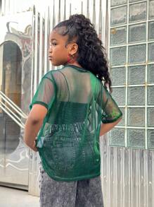 SHEIN Tween Mädchen Mehrfarbiges Mesh-Oberteil mit Rundhalsausschnitt und kurzen Ärmeln