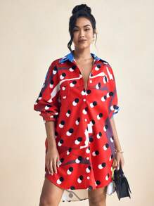 SHAQUITA GARCIA Red Polka Dot Print Oversized Dropped Shoulder Loose Shirt Dress With Pockets Summer Vacation Shirt Women's Business Casual Loose Shirt, Office - Multicolor - View 4