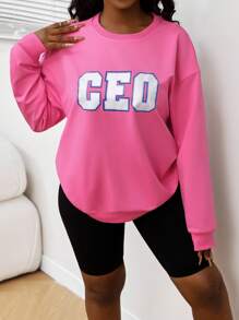INAWLY Women Letter Print Round Neck Long Sleeve Sweatshirt, Autumn/Winter Pullover Fall - Pink - View 4