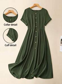SHEIN LUNE Plus Size Women Faux Button Front Decor Round Neck Short Sleeve Casual Dress, Comfortable For Holiday And Daily Commuting - Green - View 1