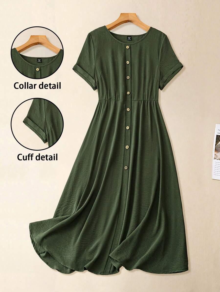 SHEIN LUNE Plus Size Women Faux Button Front Decor Round Neck Short Sleeve Casual Dress, Comfortable For Holiday And Daily Commuting - Green - View 1
